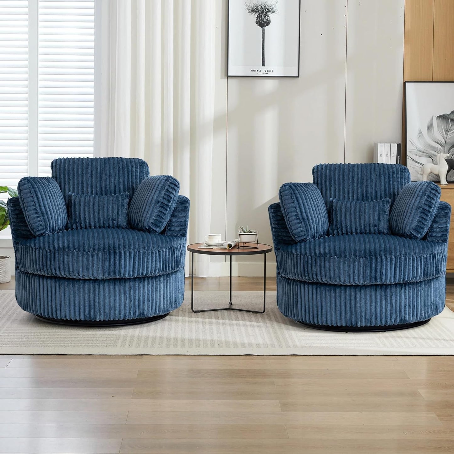 360-Degree Swivel Accent Chair Plush Corduroy & Foam-Filled Chaise Lounge Chair for Indoor Living Room & Bedroom, 40" Oversized Modern Design Round Barrel Chair, Comfortable Seating, Blue