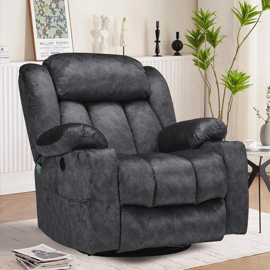 VIVIJASON Manual Swivel Rocking Glider Recliner Chair with Heat & Vibration Massage, 360° Swivel Overstuffed Reclining Chair with 2 Cup Holders, Side Pockets & USB Ports for Living Room, Plush Gray
