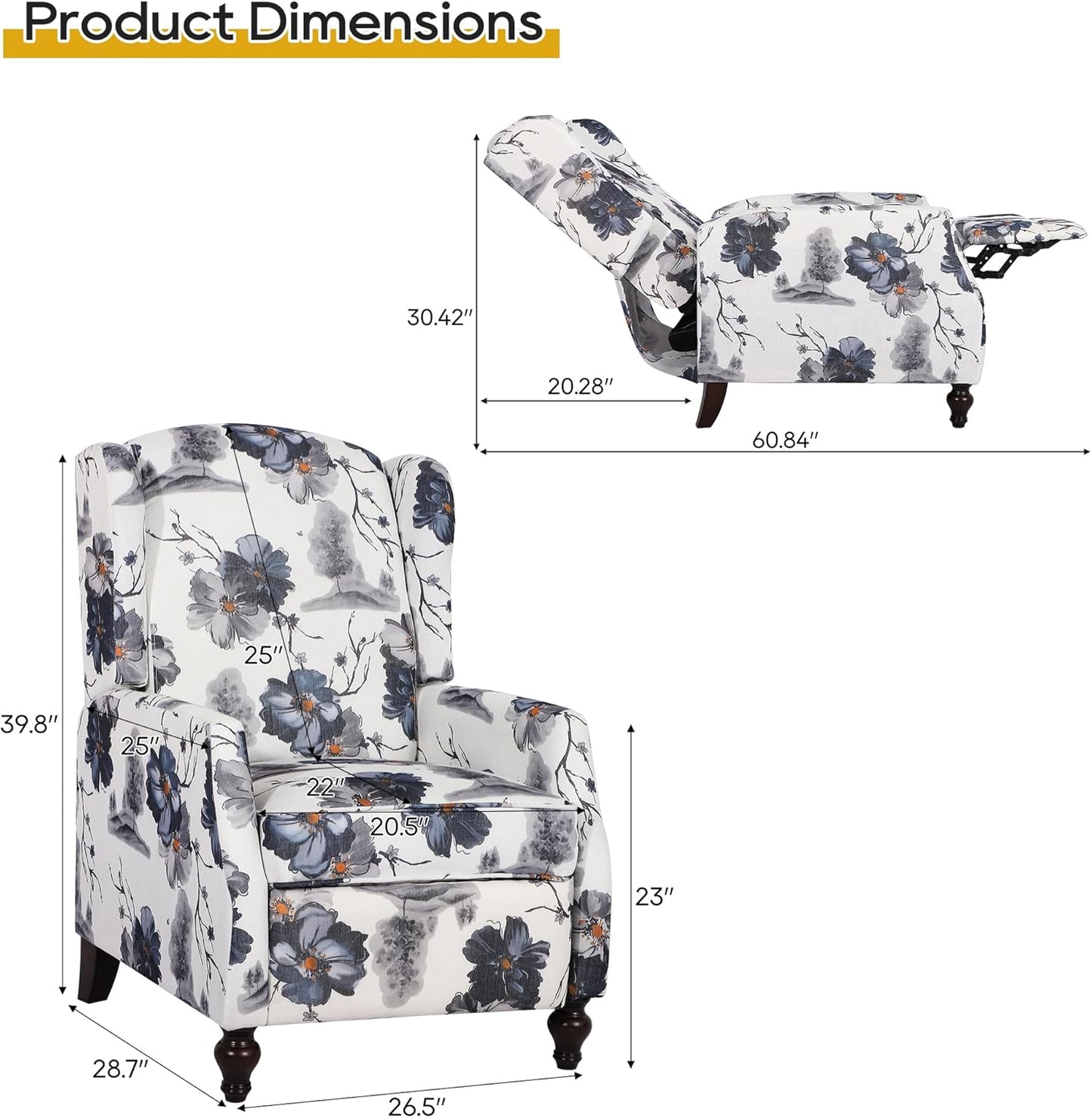 Set of 2 Wingback Recliner Chairs, Mid-Century Modern Push-Back Manual Recliners for Adults, Upholstered Floral Accent Chairs with Solid Wood Legs for Living Room & Bedroom, Blue