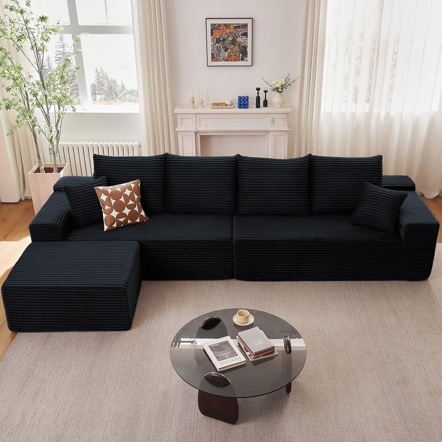 107" Modular Sectional Couches for Living Room, Comfy Boneless L Shaped Cloud Couch with Chaise Lounge, Modern Cozy Corduroy Deep Seat Floor Sofa, Memory Foam, No Assembly Required, Black