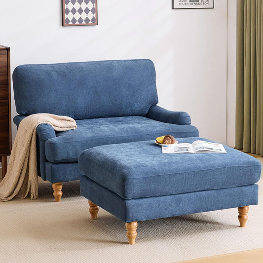 Bezseller Oversized Chair Indoor with Ottoman, 46" W Upholstered Armrest Sofa, Big Comfy Lounge Sofa Deep Seat Sleeper Chair for Living Room, Apartment, Bedroom, Reading Room(Blue)