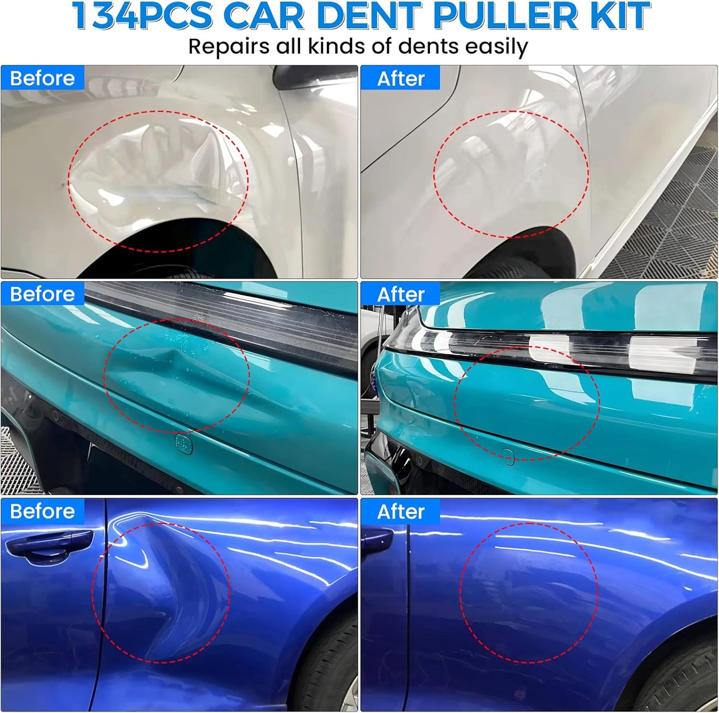 134Pcs Car Dent Puller Kit, Paintless Dent Removal Tool Kit with 3 in 1 T-bar Slide Hammer & Bridge Puller & Golden Lifter, Dent Repair Kit for Car Hail Damage Large Small Dent Fast Removal