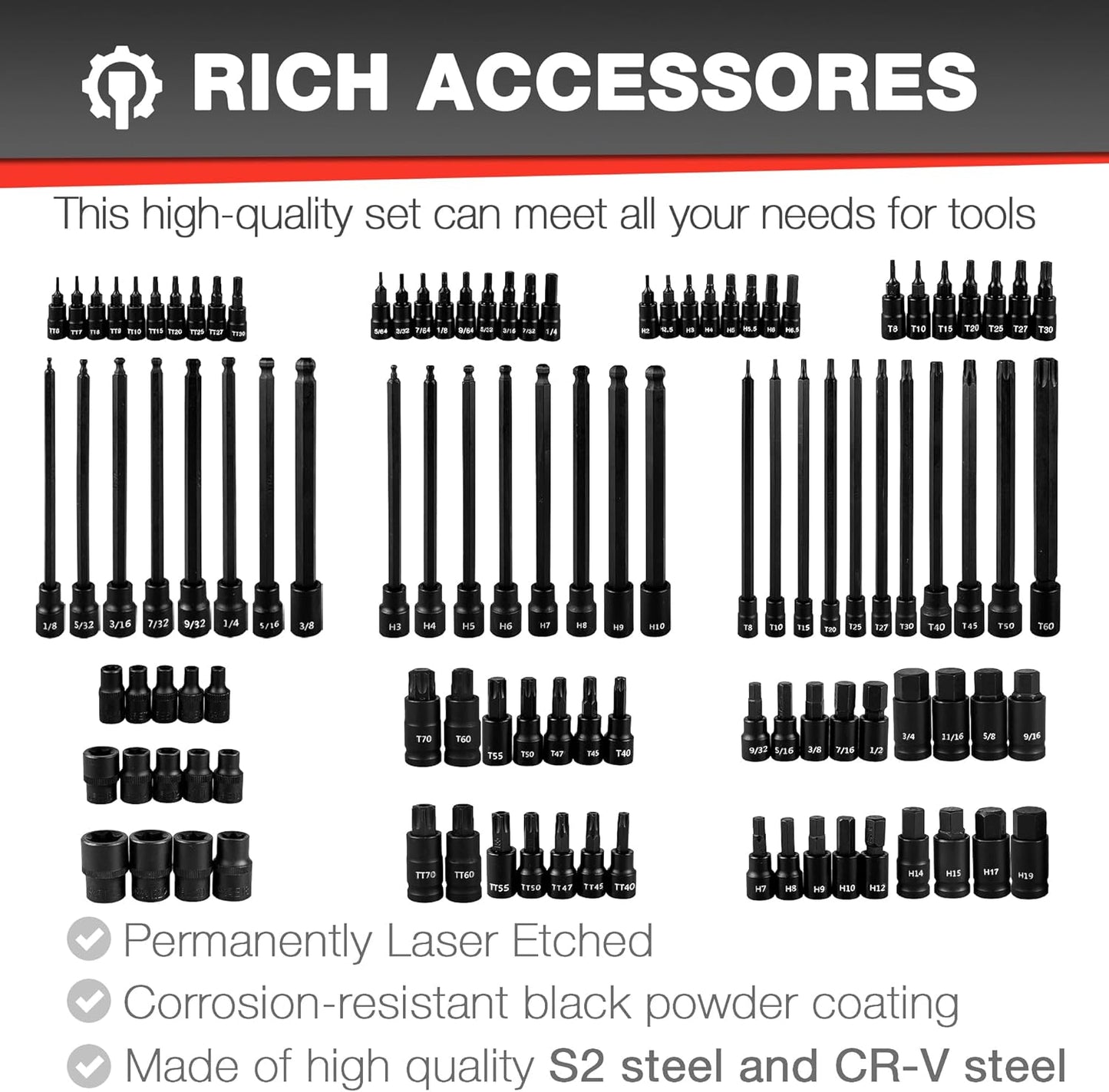 107PCS Bit Socket Set,1/4”,3/8 & 1/2” Drive Bit Socket Set,Torx/Extra Long/Tamper Proof/Hex/Ball End Hex,S2 Alloy Steel & CR-V,SAE&Metric