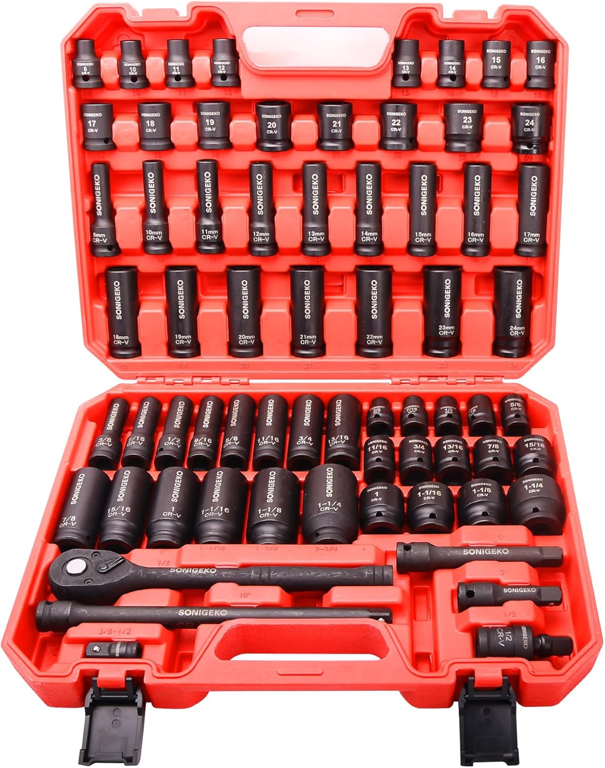 29-Piece 1/2" Drive Impact Socket Set - 6 Point Deep SAE & Metric CR-V Steel Sockets with 3", 5", 10" Extension Bar