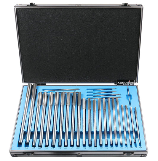 Accusize Industrial Tools 29 Pc Set 1/16 to 1/2 inch by 1/64 in HSS M2 Premium Chucking Reamers, Straight Flute, Aluminum Case, 5528-SF00