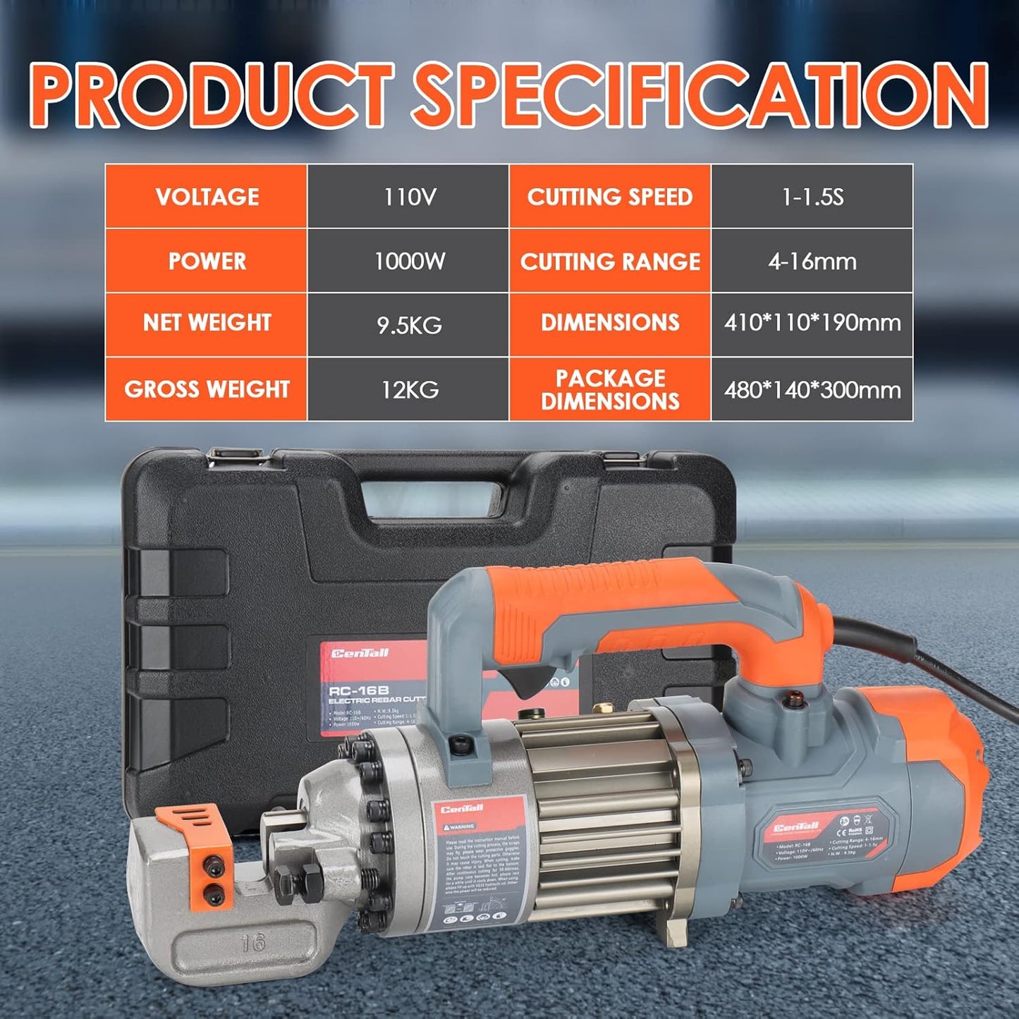 5/8 Inch Electric Hydraulic Rebar Cutter, Portable Rebar Cutter, Cutting up to 4-16mm #5 Rebar, Cutting Speed 1-1.5S 1000W RC16B (Grey + Orange)