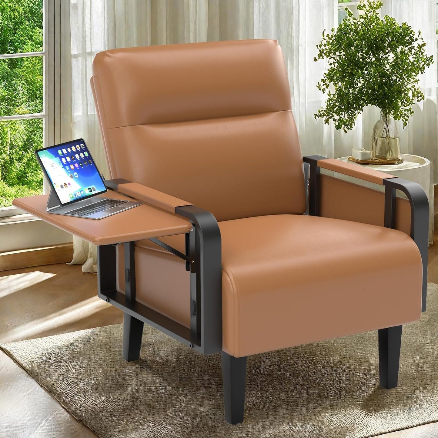 Upholstered Accent Chairs Set of 2, Faux Leather Armchair with Tray Table, Comfy Reading Chair for Living Room, Bedroom, Guest Room, Gray