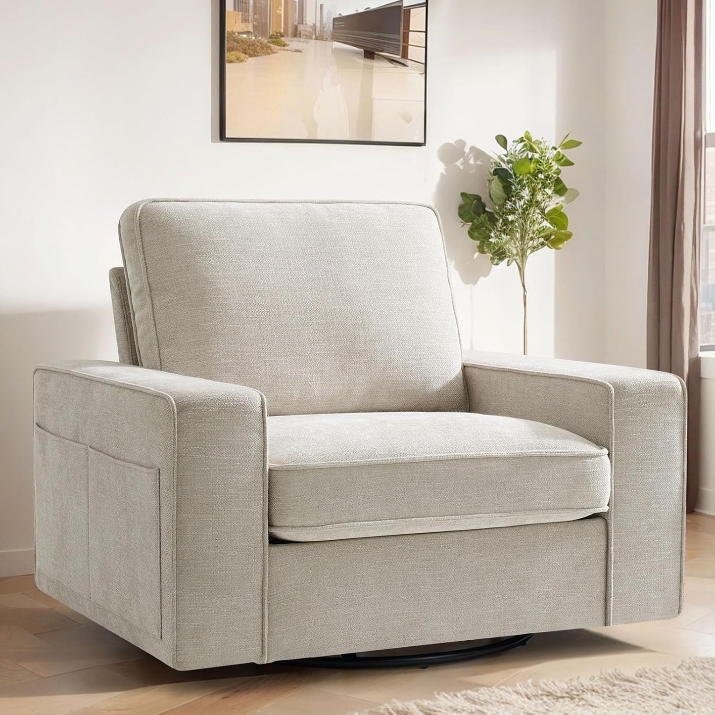 COHOME 360-Degree Swivel Accent Chair, Modern Oversized Club Arm Chair with Side Pockets, Classic Style Single Sofa Chair for Living Room, Bedroom (Beige)