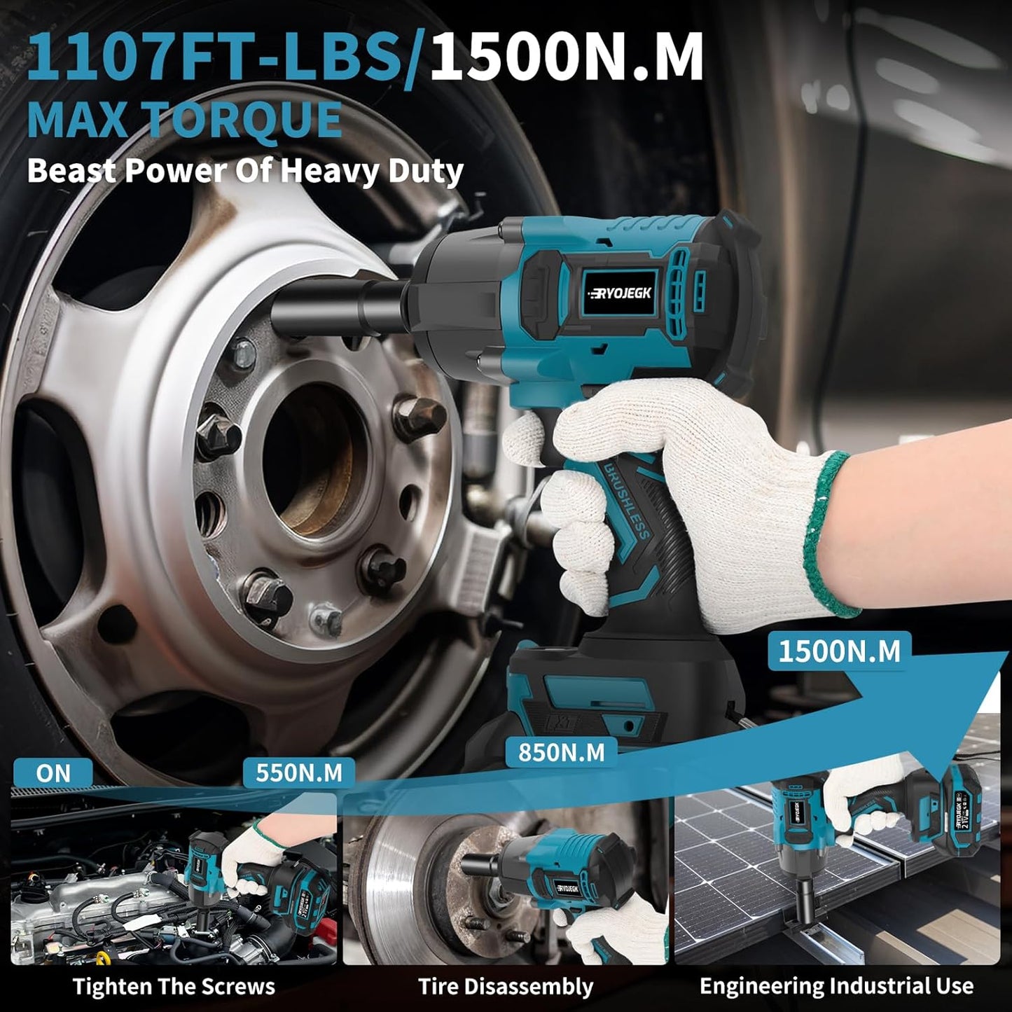 1500N.m Impact Wrench,1107Ft-lbs 1/2" Cordless Impact Gun,High Torque Brushless Power Impact Driver 3-Mode Speed with 2×4.0Ah Battery,Pistola de Impacto Set for Car Tire Truck RV Mower