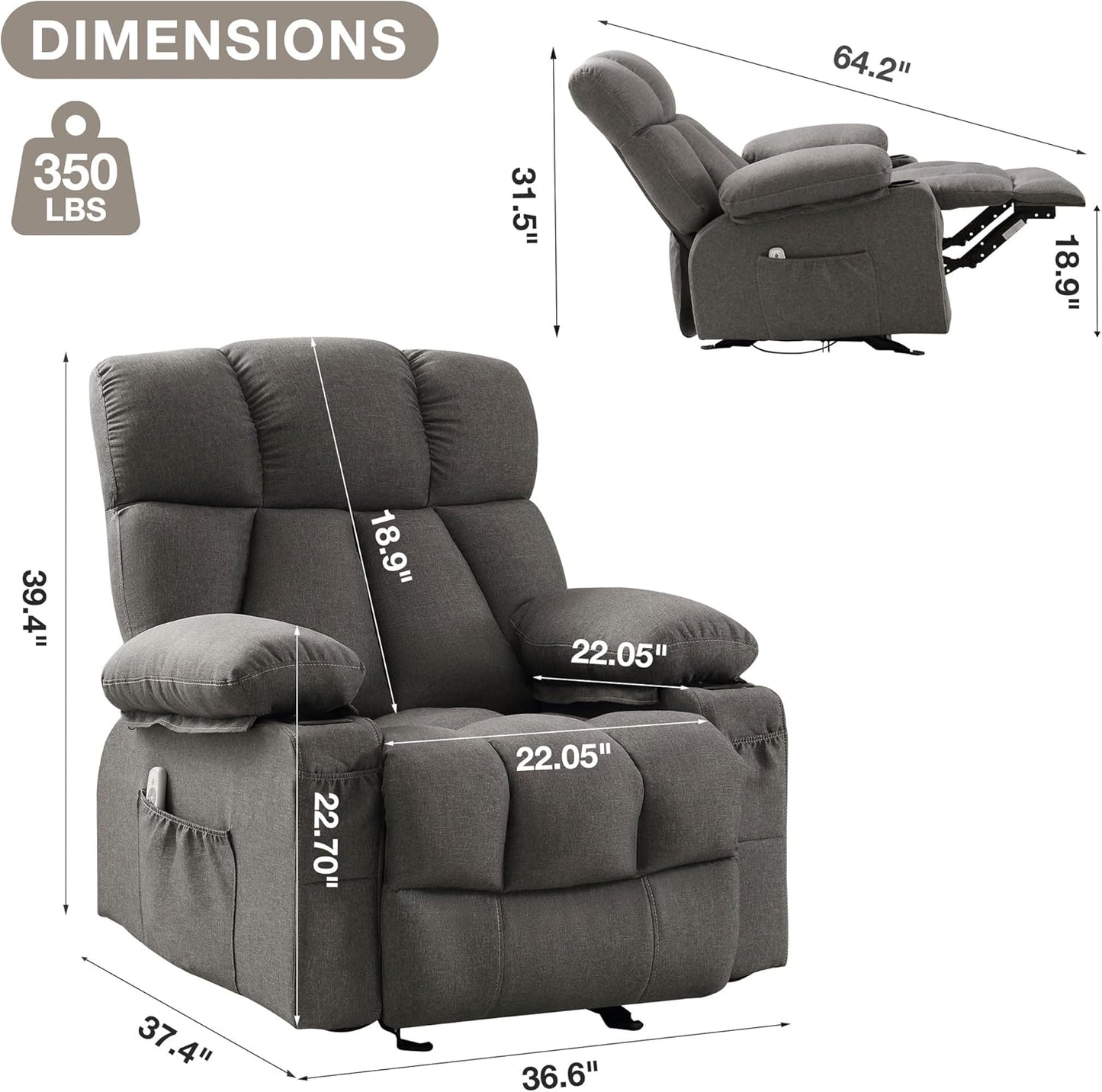 Rocker Massage Recliner Chair with Heat and Vibration Ergonomic Rocking Lounge Chair for Living Room Comfy Overstuffed Recliner with 4 Side Pockets,2 Cup Holders, USB Charge Port, Grey