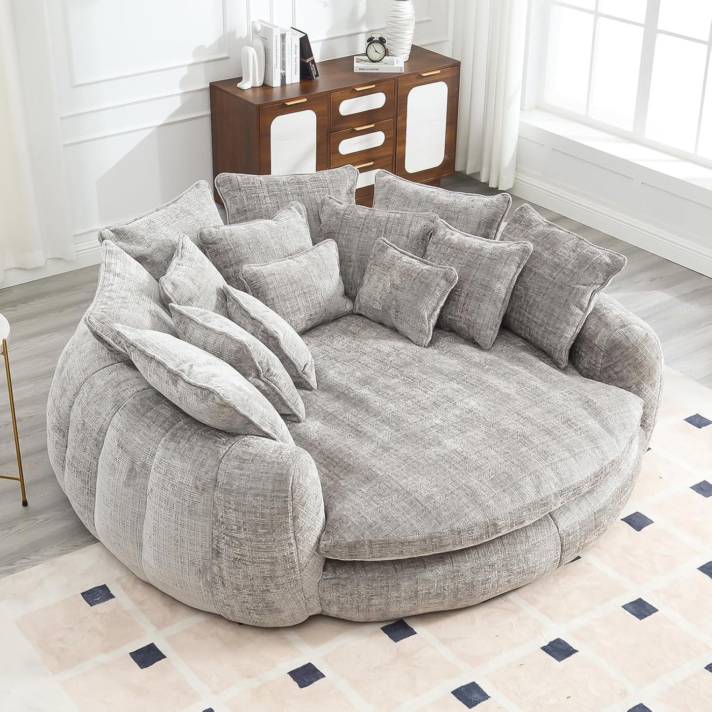81.1" Oversized Round Chaise Lounge Chair, Extra-Wide 2-Person Accent Chair with 14 Pillows, Comfy Cloud Sleeper Sofa for Living Room (Dark Grey)