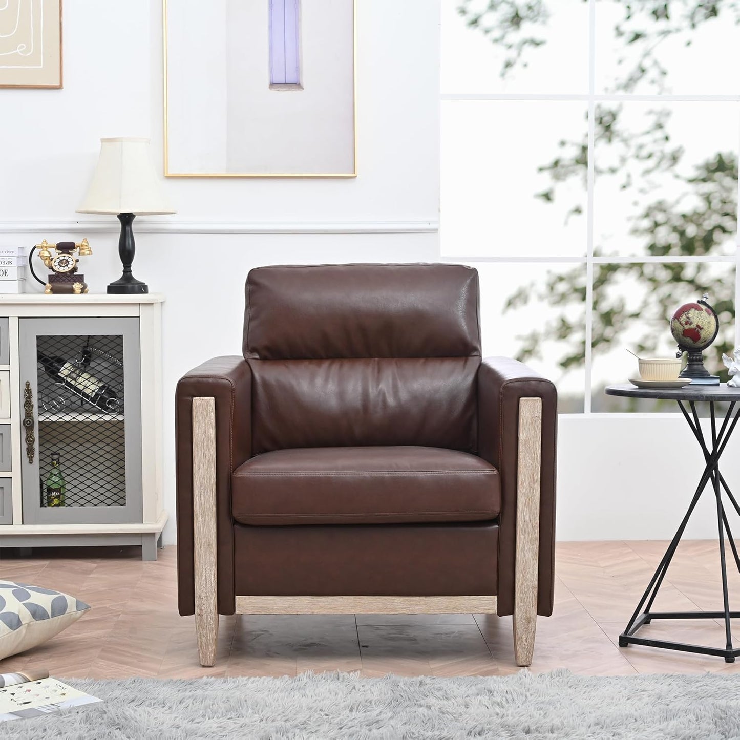 Christopher Knight Home Aurla Accent Chair, Uphostered Club Chair, Armchair with Wood Legs, Faux Leather Single Sofa, Comfort Seating 1 Seater Sofa Chair for Living Room Reading Room Bedroom, Brown