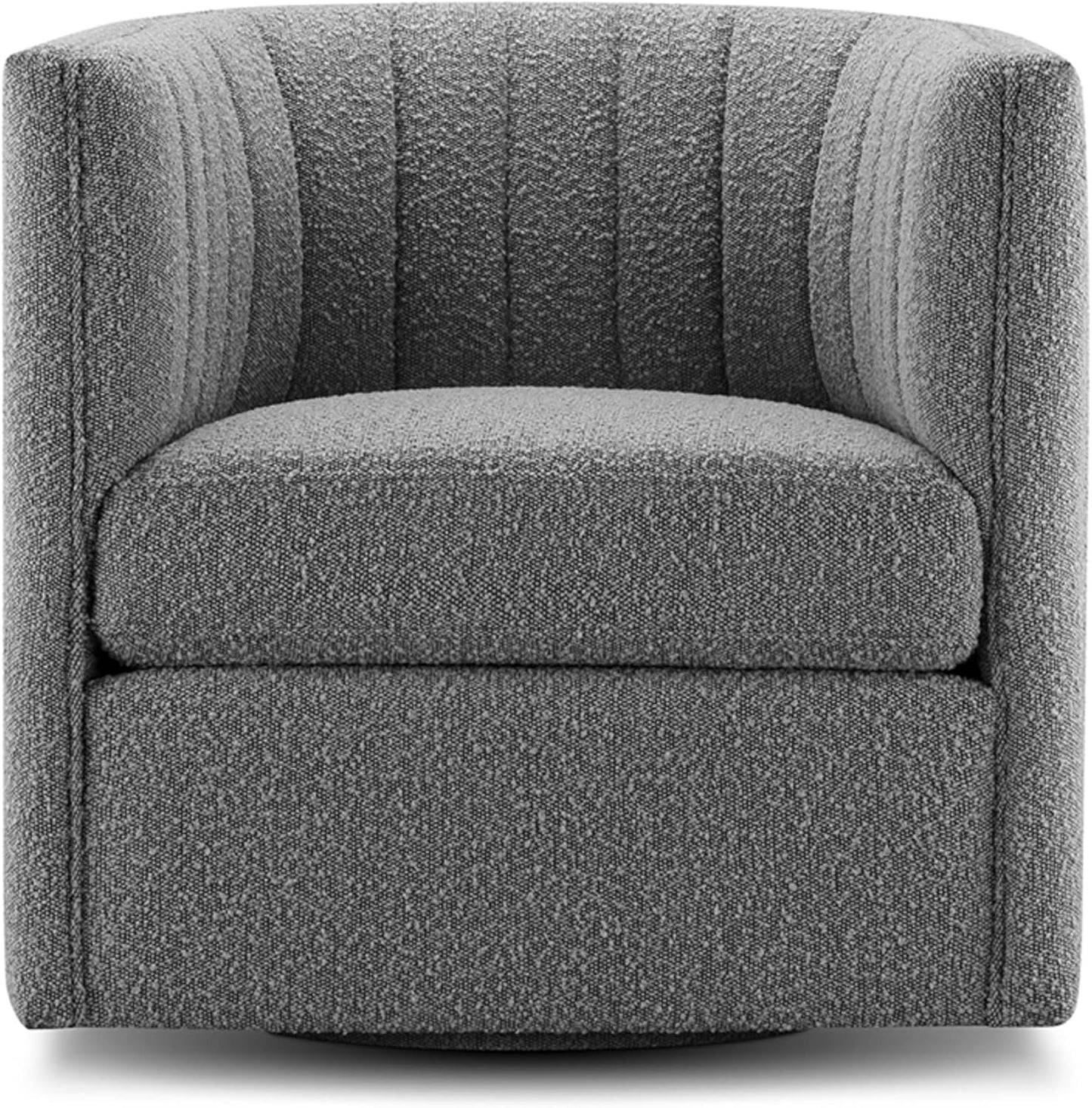 CHERS Rivet Mid-Century Modern Swivel Armchair, Channel-Tufted Faux Leather Accent Chair, 360-Degree Rotating Lounge Chair with Ergonomic Design for Living Room, Bedroom, Home Theater, Pewter