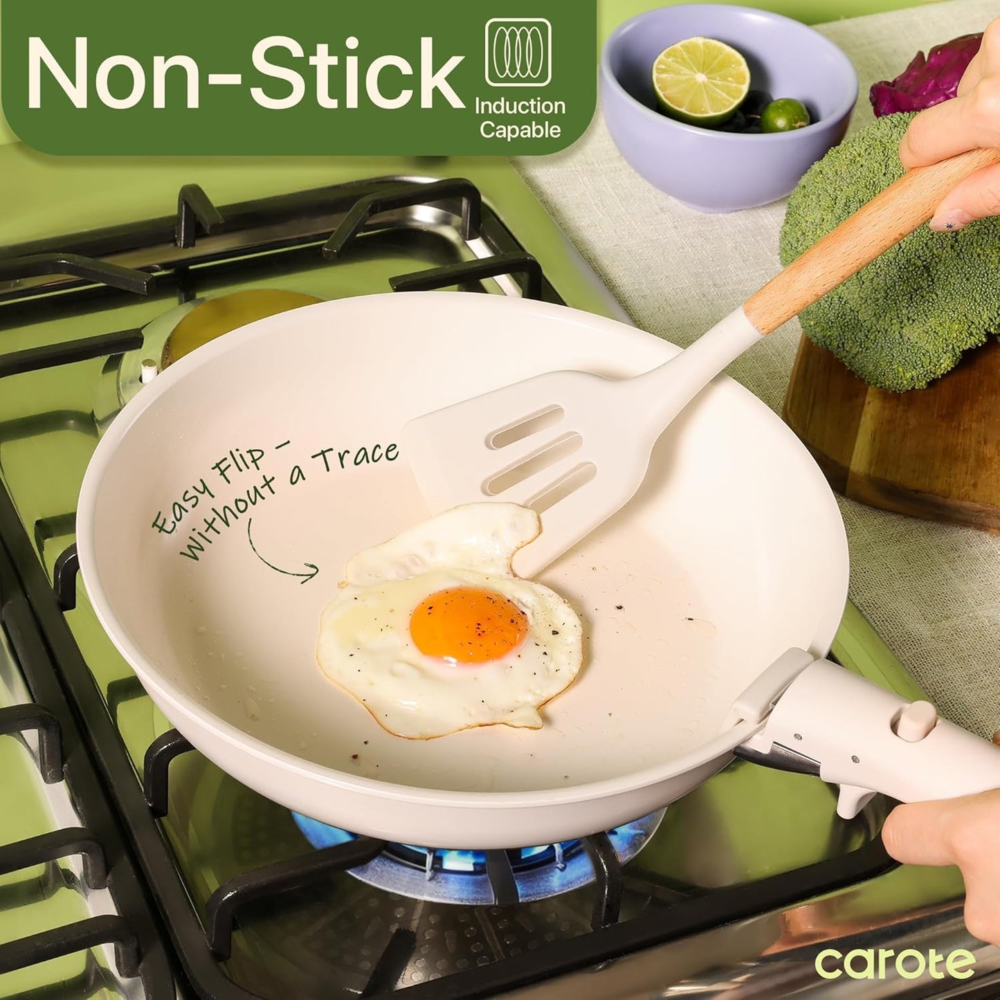 CAROTE 19pcs Pots and Pans Set Non Stick, Ceramic Cookware Sets, Oven/Fridge Safe, Space Saving Pots Set, Nonstick Cooking Set with Versatile Detachable Handle, Induction RV Set, Cream White