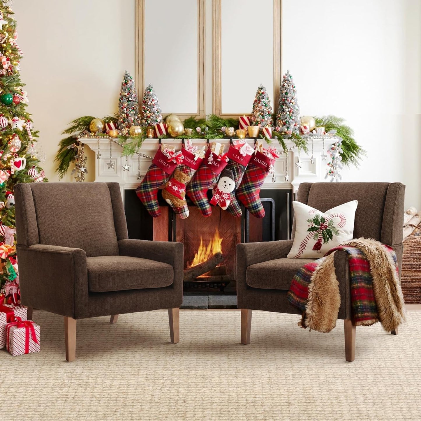 COLAMY Modern Wingback Living Room Chair Set of 2, Upholstered Fabric Accent Armchair, Single Sofa Chair with Lounge Seat and Wood Legs for Bedroom/Office/Reading Spaces, Beige