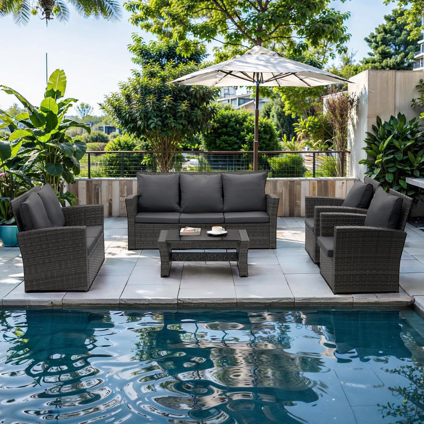 Wisteria Lane 4 Piece Patio Furniture Set, Wicker Outdoor Patio Conversation Furniture Set, All Weather Outdoor Patio Sofa with Cushion and Glass Table, Brown