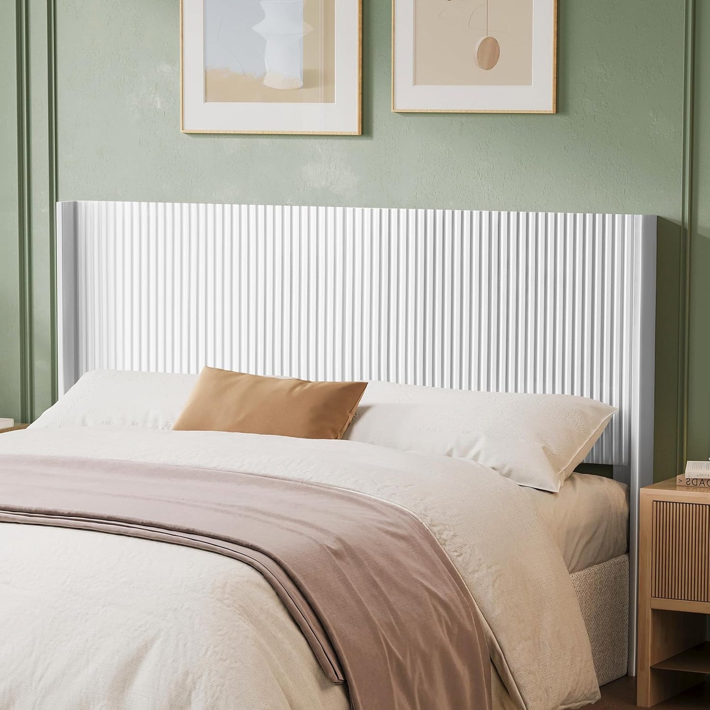 Wood Headboard Queen Size, 64.6" Wide Wooden Queen Headboard Only, Modern Farmhouse Headboards, Wall Mounted Fluted Panel, Wingback Boho Headboards, Natural