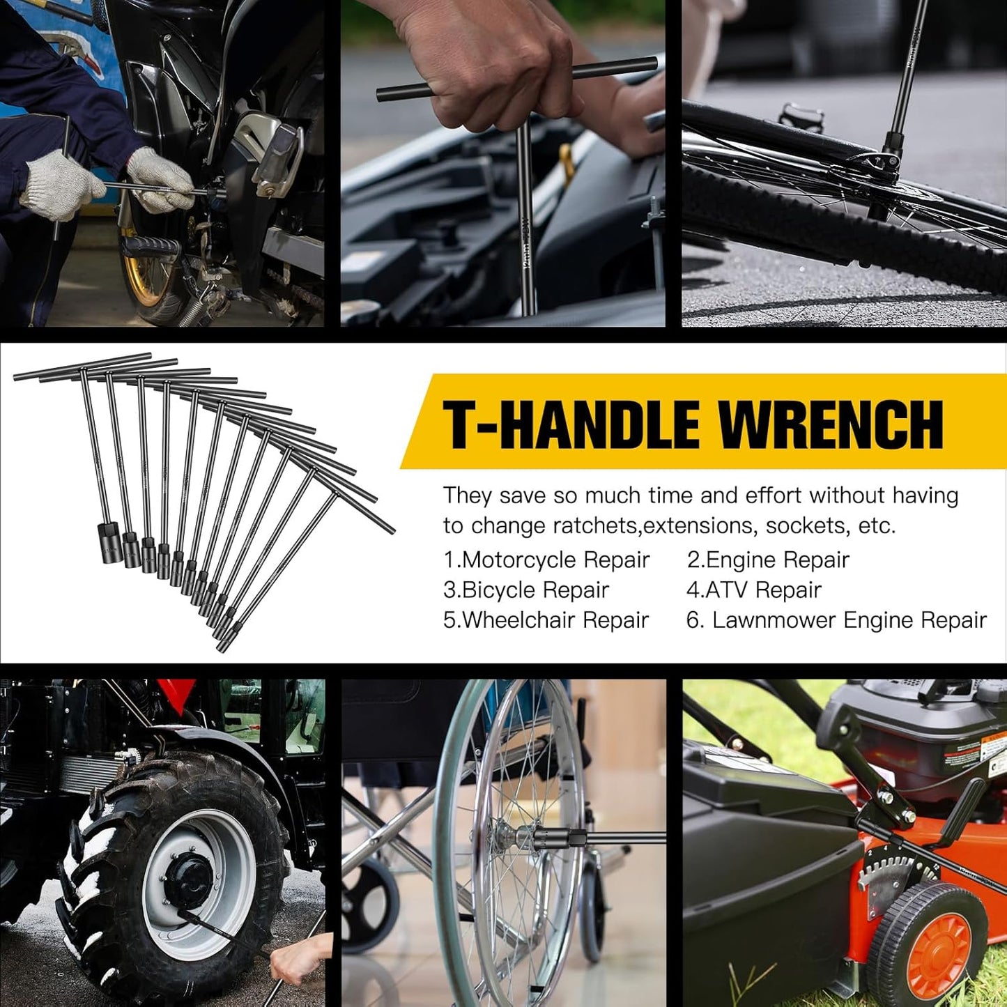 T-Handle Socket Wrench Set, 11PCS Metric Handle Wrenches - 6, 7, 8, 9, 10, 11, 12, 13, 15, 17, 19mm, 6-Point Hex Socket Lug Wrench for Motorcycle Car Bicycle Repair, Chrome Vanadium Steel