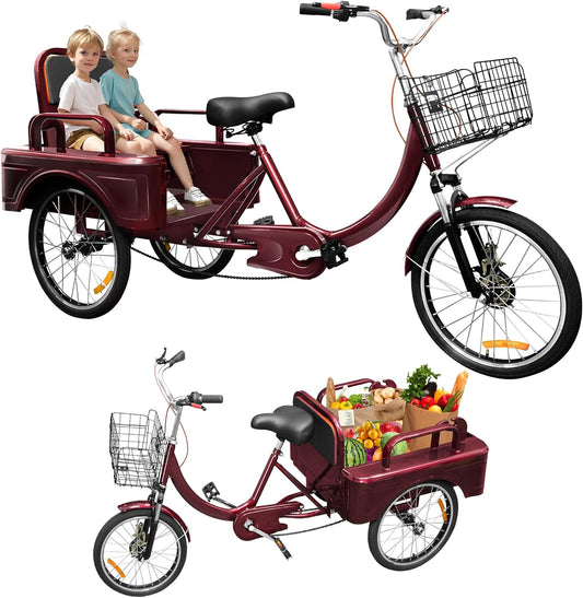 Adult Tricycle, 20 Inch 3-Wheel Bikes Carrying Passengers and Cargo, Trike for Adults with Front Baskets for Women, Seniors, Men, Low Step-Through Cruiser Bike for Cycling, Outing, Picnic