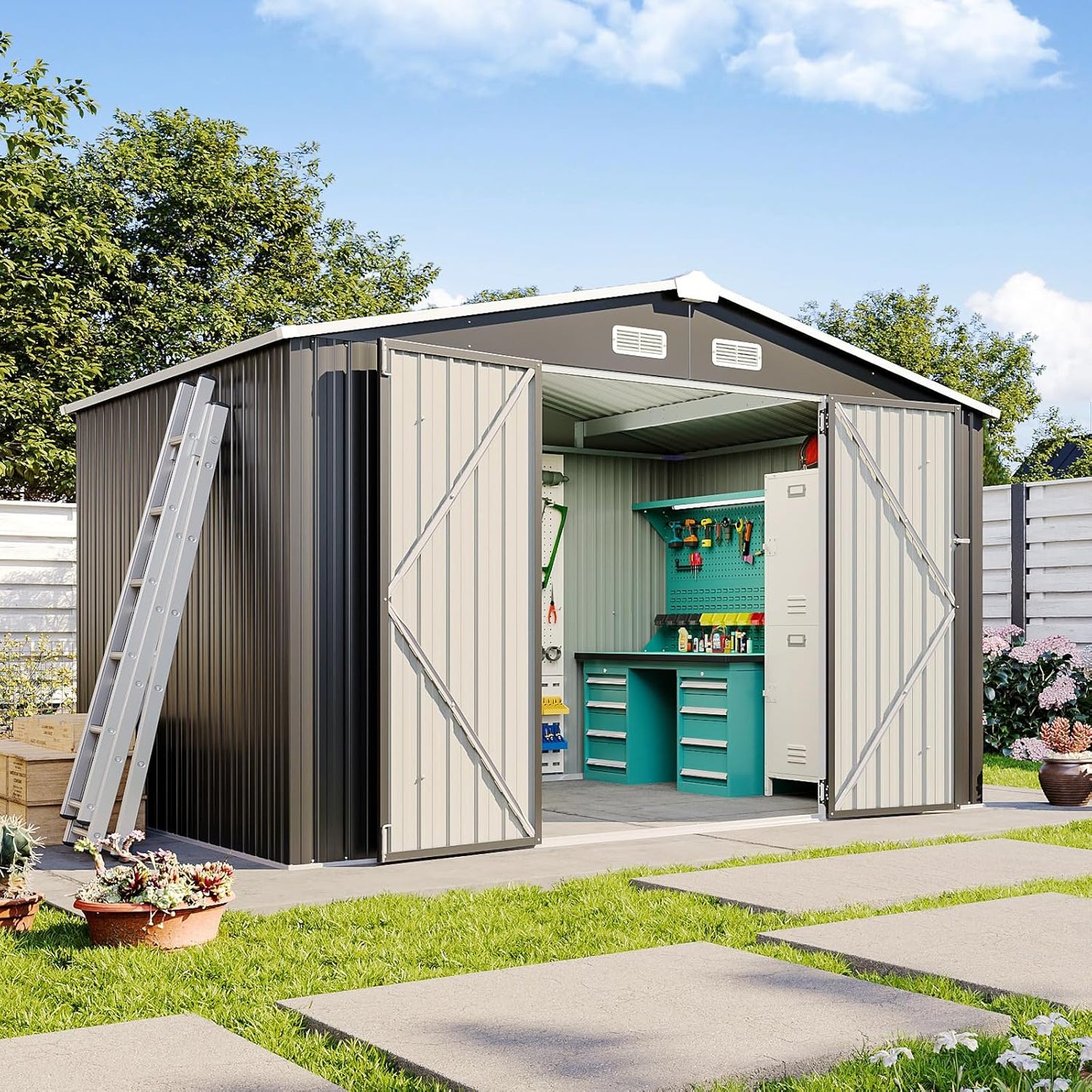 8'x4' Shed Galvanized Steel Storage Sheds with Triple Doors Utility Sheds for Vertical Storage, Dual Lock Lean to Shed with Sloped Roof for Mower, Bike, Garden Tools (Black)