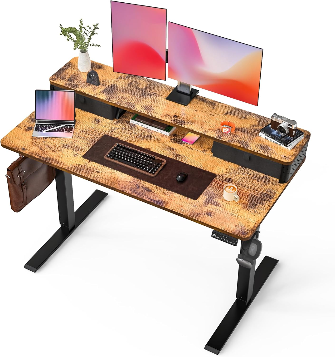 35x20 Inch Standing Desk with Double Drawers, C-Clamp Mount Compatible, Electric Adjustable Height Computer Stand Up Desks, Home Office Sit Stand Table with 3 Preset Heights & 2 Hooks, Black