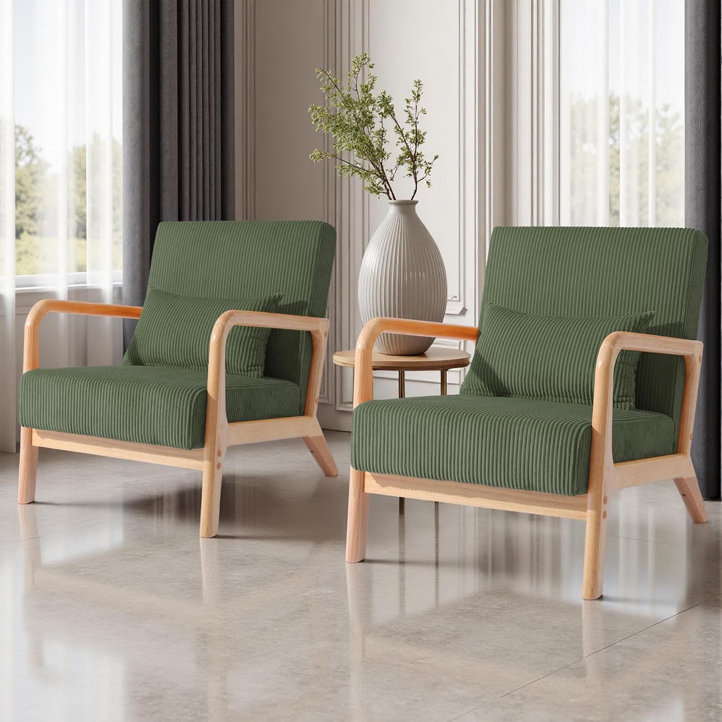 UIXE PU Leather Accent Chairs Set of 2, Upholstered Armchair for Living Room, Modern Arm Chair Comfy Single Sofa Bedroom Reading Seat with Lumbar Pillow - Hunter Green