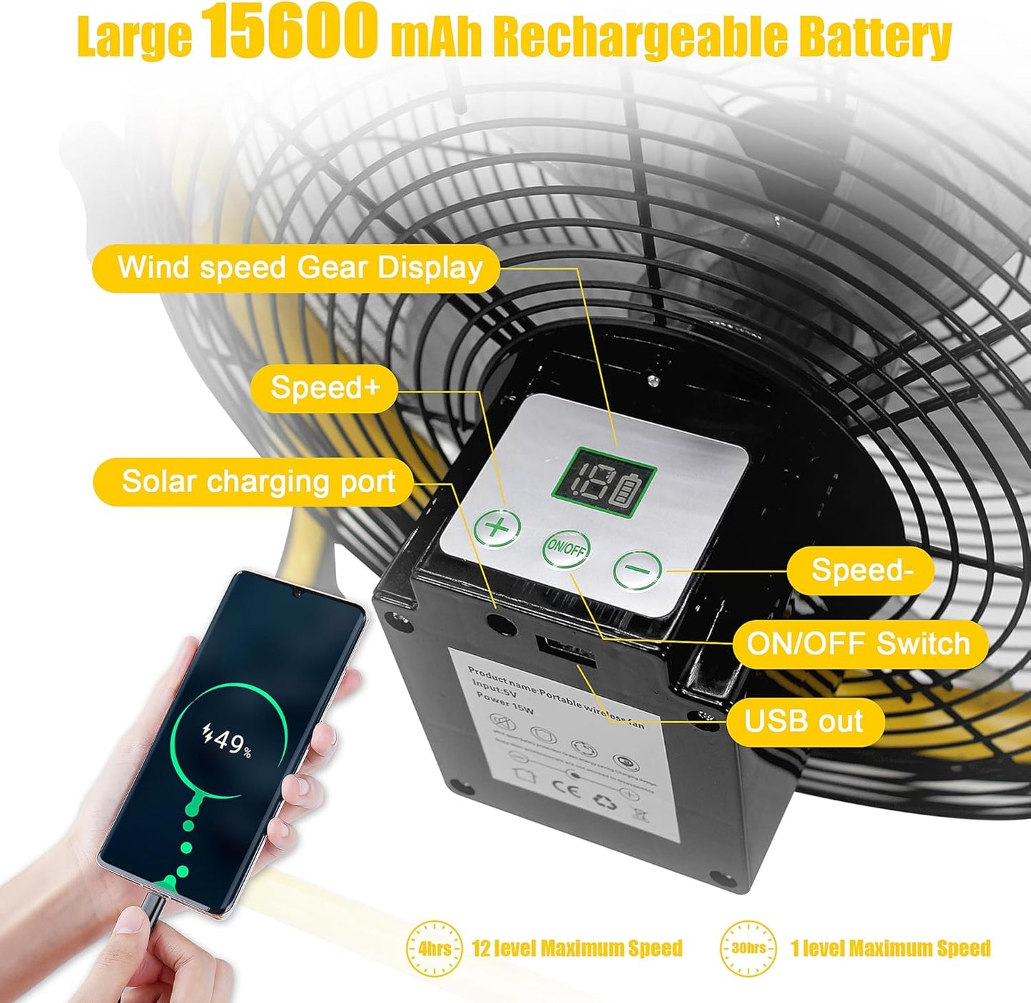14 Inch Portable Rechargeable Fan,15600mAh Battery Powered,Camping Fan with Solar Panel,360 Vertical Tilt,Solar Powered Fan for Outside,Travel,Chicken Coop,Dog House,Shed,Greenhouse