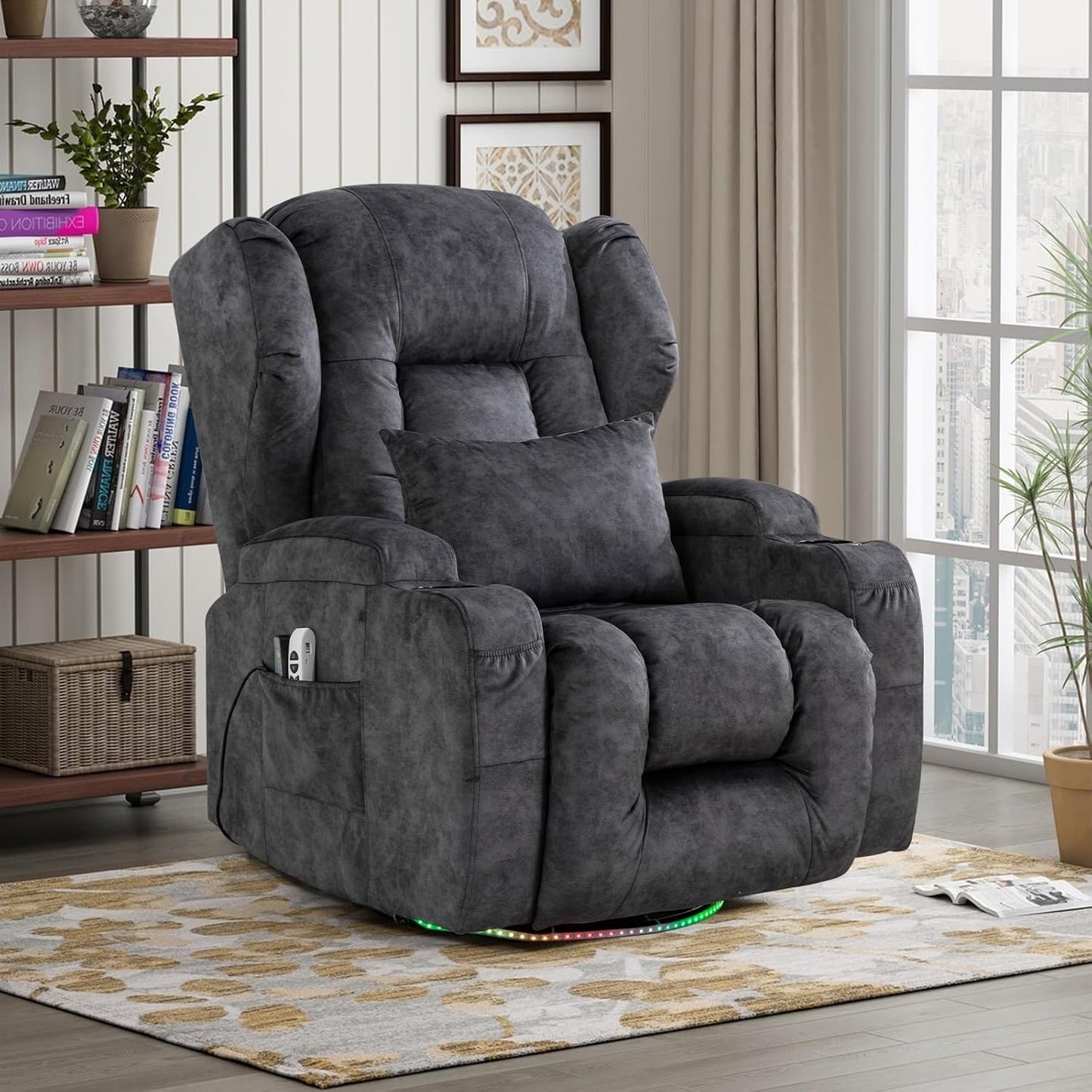 SENIFIS Velvet Grey Modern Swivel Glider Recliner Chair, 270 Rotation & 30 Rocking, Power Reclining, Massage & Heat, USB, LED Light, Cup Holder, Lumbar Pillow, Adult Living Room Chair