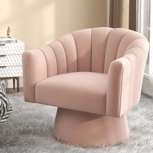 Swivel Accent Chair,Upholstered Velvet 360° Swivel Barrel Chair for Living Room Overstuffed Bouncle Reading Chair Round Armchair for Bedroom,Vanity,Office(Pink)