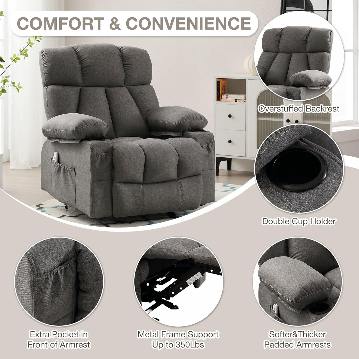 Rocker Massage Recliner Chair with Heat and Vibration Ergonomic Rocking Lounge Chair for Living Room Comfy Overstuffed Recliner with 4 Side Pockets,2 Cup Holders, USB Charge Port, Grey