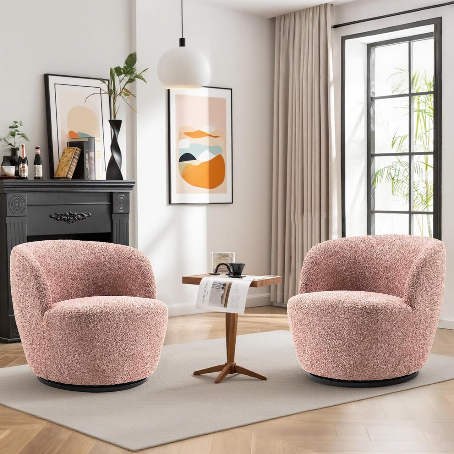 Rowill 30" Wide Swivel Barrel Accent Chair, Modern Upholstered Round Chairs with Curved Back and Soft Cushion, Boucle Fabric Padded Armchair Single Sofa for Living Room, Bedroom, Reading Room, Beige