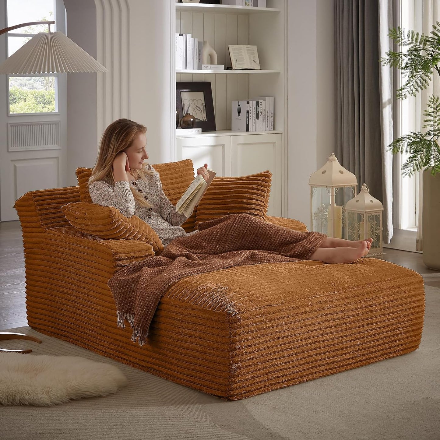 50" W Oversized Boneless Chaise Lounge Sofa Chair Indoor, Corduroy Plush Reading Cloud Couch, No Assembly Single Floor Sleeper Chair Bed for Living Room Apartment Office Small Spaces