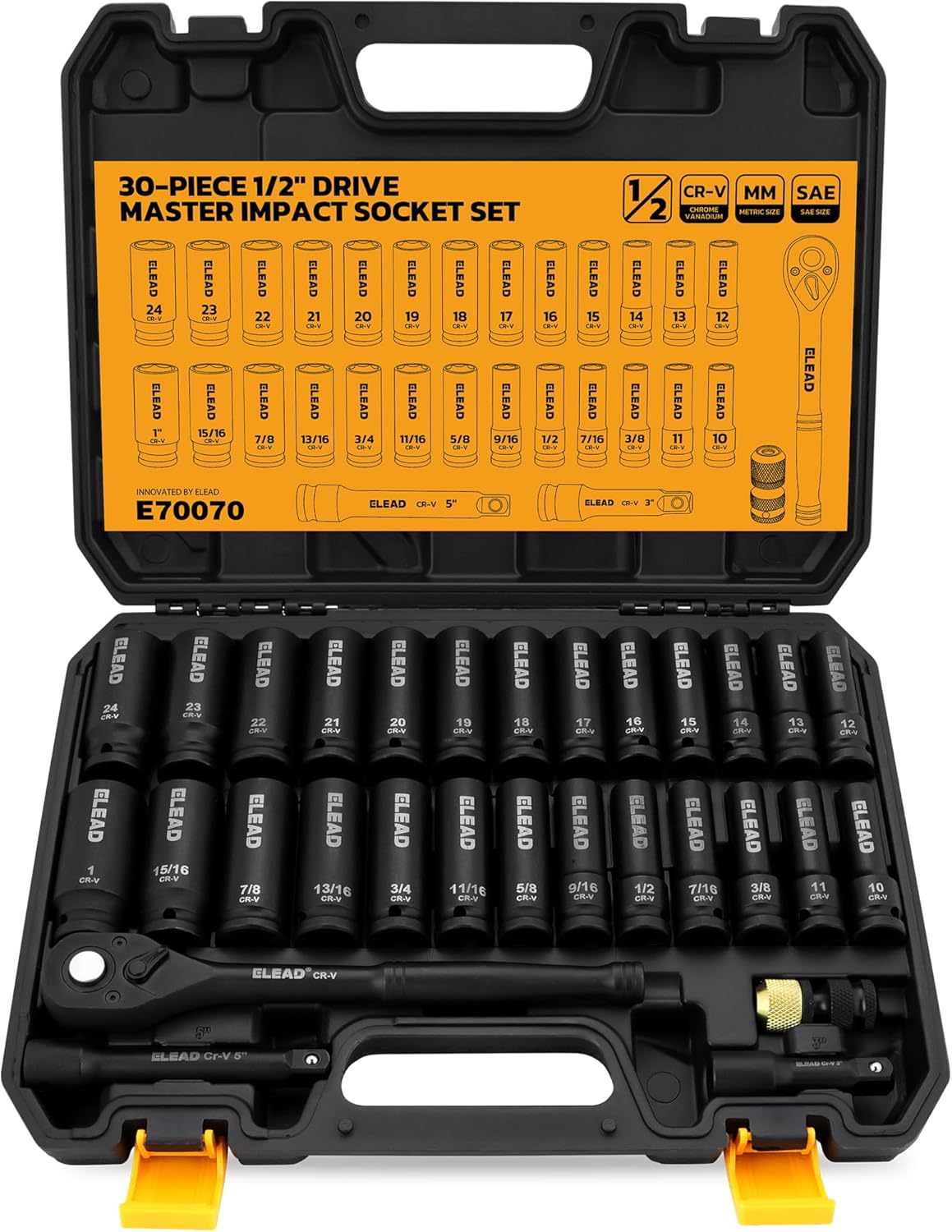3/8'' Drive Impact Socket Set - 50-Piece Shallow & Deep Socket Set Metric and Standard Full with Universal Joint, Extension Bar, 1/2 to 3/8 Reducer, Hex Shank Socket Adapter, Ratchet Handle