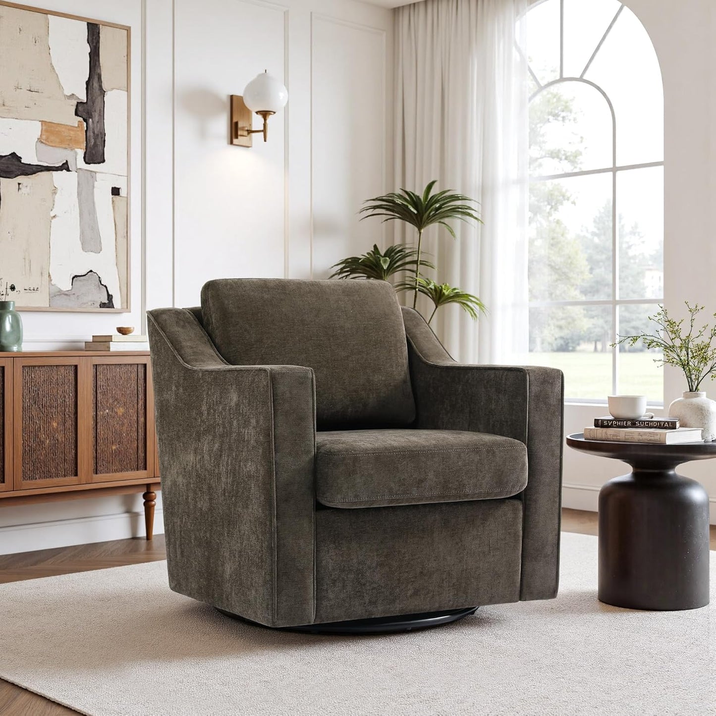 UIXE Swivel Accent Chair Set of 2, Chenille Upholstered Arm Chair for Living Room, Modern Club Armchair Comfy Single Sofa Bedroom Reading Seat with Lumbar Pillow - Coffee