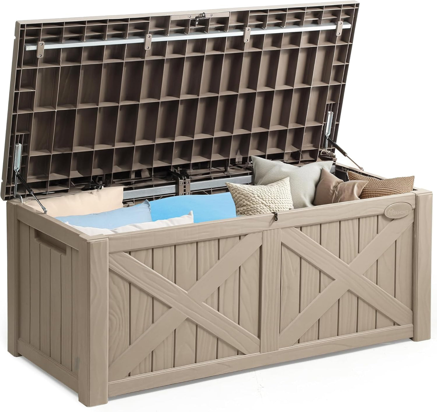 YITAHOME 120 Gallon Large Outdoor Storage Box with X-Shaped Front, Waterproof Resin Deck Box Cushion Storage Bench for Patio, Pool Supplies, Garden Tools - Lockable, Black
