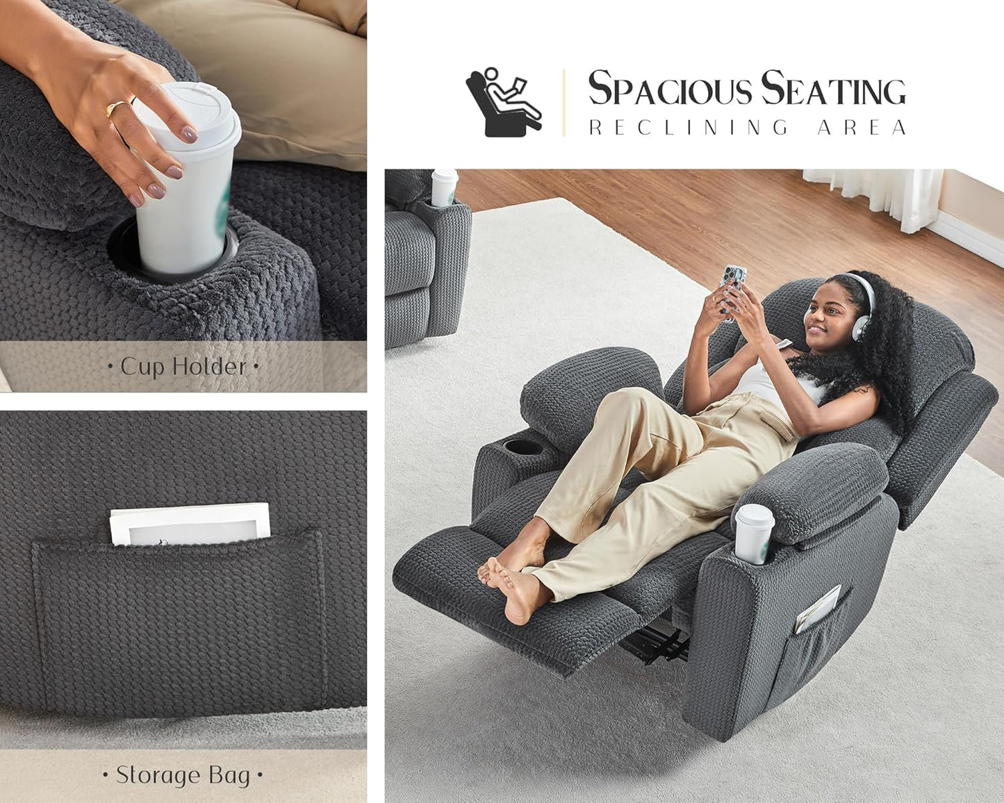 VanAcc Recliner Chair, Sofa Recliner with Cup Holders- Wingback Recliner Couch for Living Room, Armchair(Grey)
