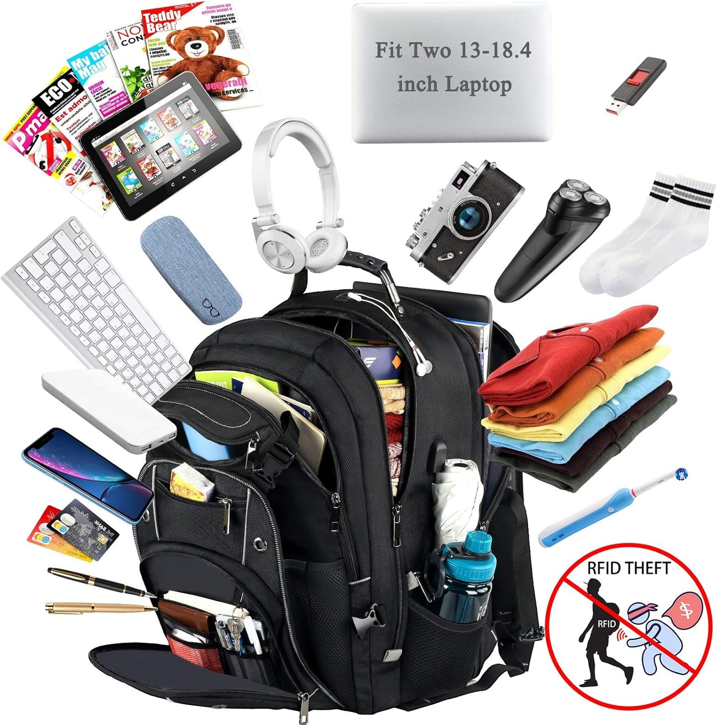 VECKUSON 18.4 Laptop Backpack for unisex, 60L Extra Large Gaming Laptops Back Bag with USB Charger Port,TSA Friendly Flight Approved and RFID Anti-Theft Pocket Heavy-duty Pack,21.3*15.7*11.8inch Grey