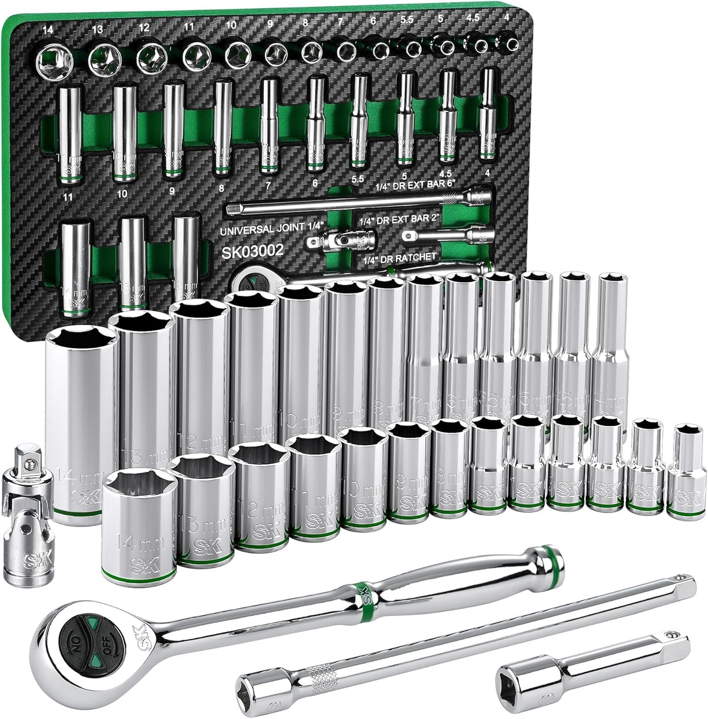SK 1/4" Drive Socket Set with 160-P Ratchet, 52-Piece, SAE & Metric, SuperKrome Finish, Premium CR-V Construction, with EVA Foam Tool Organizer