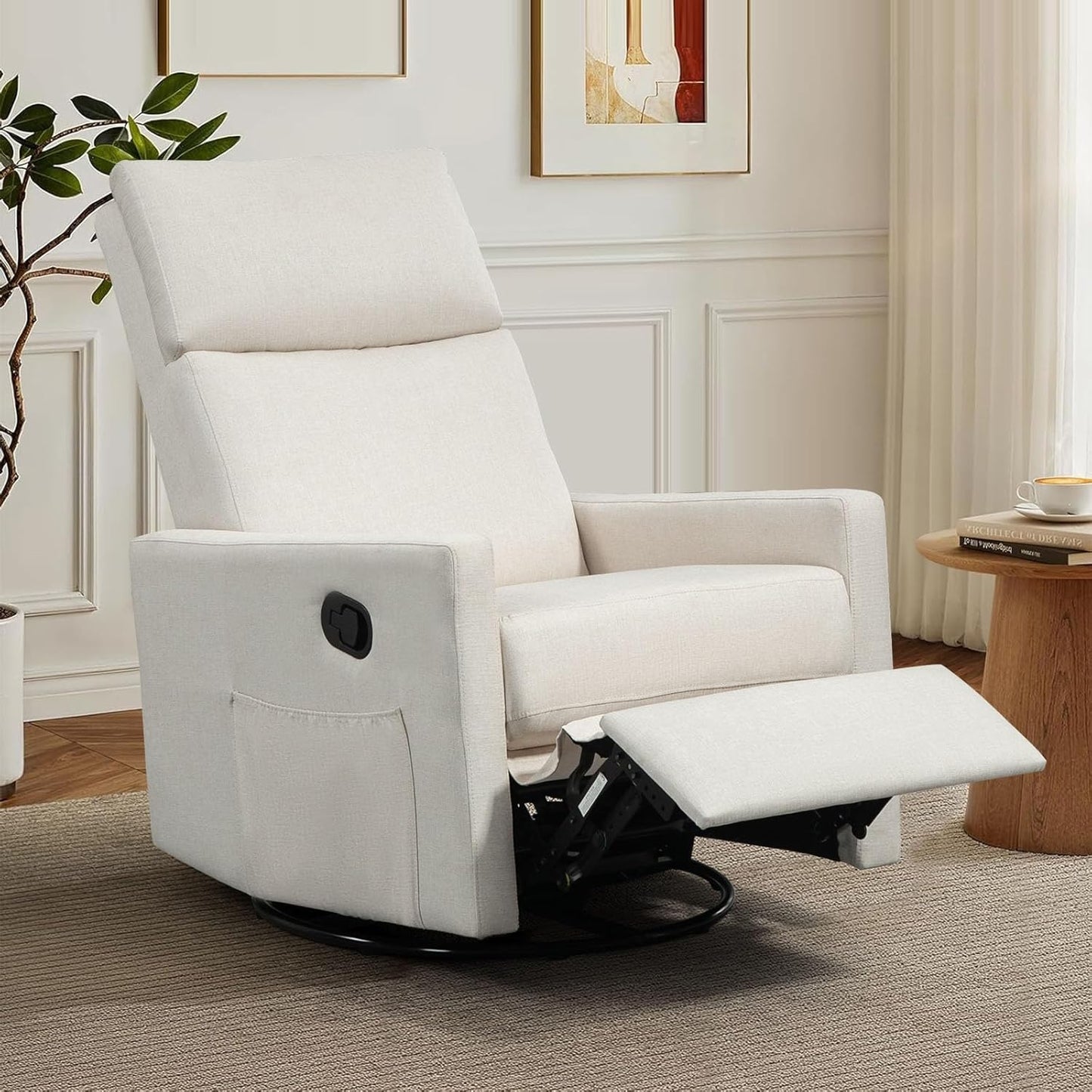 Swivel Rocker Recliner Chairs Set of 2, Upholstered Fabric Nursery Rocking Glider Chair with Adjustable Backrest and Footrest, Lay Flat Recliner Single Lazy Sofa for Living Room(Beige)