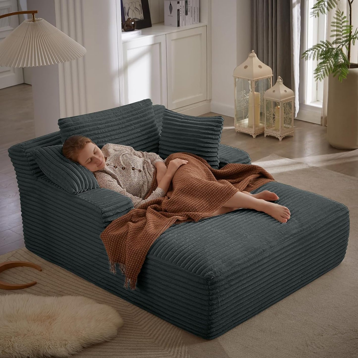 50" W Oversized Boneless Chaise Lounge Sofa Chair Indoor, Corduroy Plush Reading Cloud Couch, No Assembly Single Floor Sleeper Chair Bed for Living Room Apartment Office Small Spaces