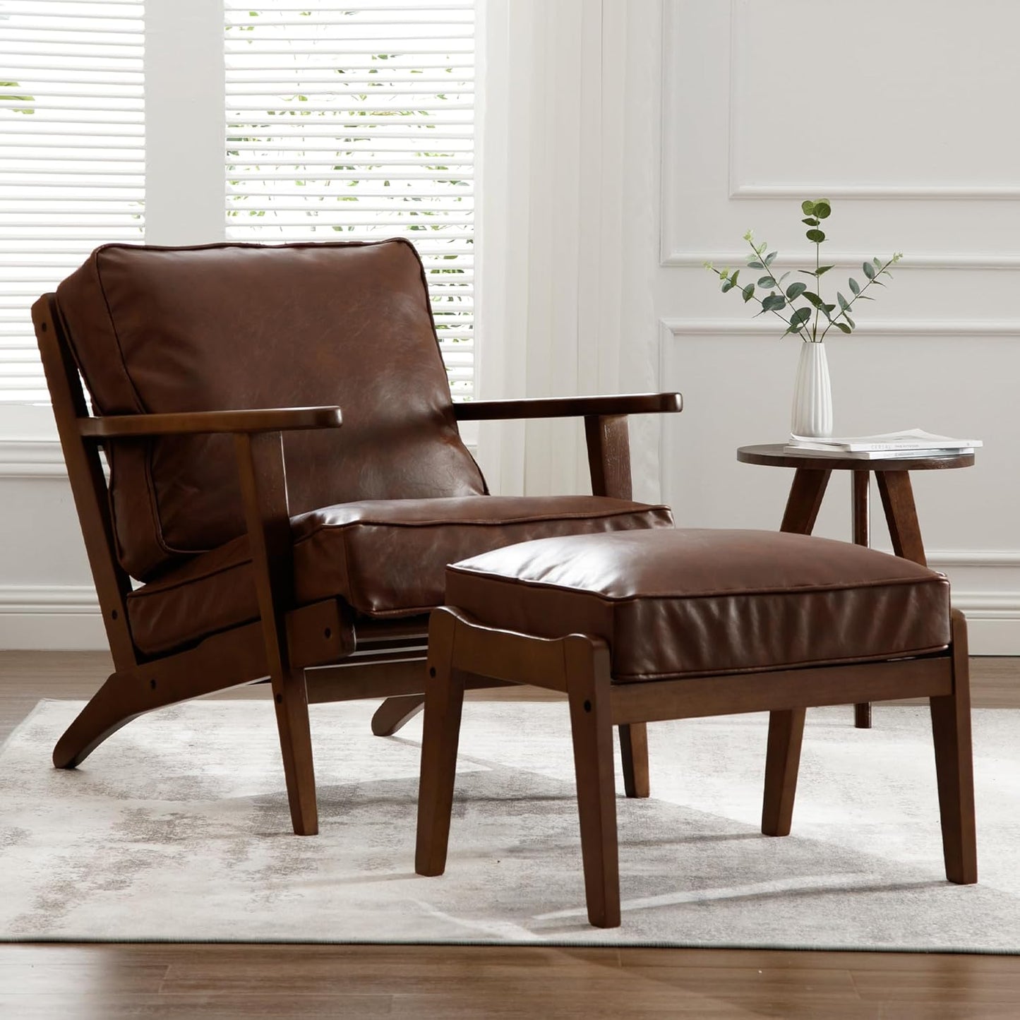 Comfy Accent Chair with Ottoman, PU Faux Leather Living Room Reading Chair Armchair, Upholstered Side Chair Mid Century Modern Sofa Lounge Chair for Bedroom/Guest Room, Brown
