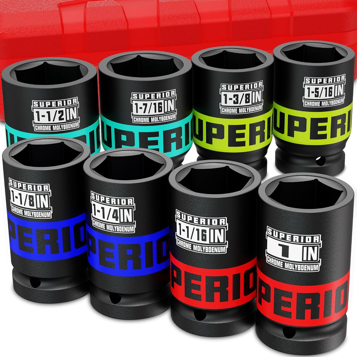 9 Piece 1" Drive Deep Impact Socket Set, 1 Inch - 2 Inch, SAE, 6-Point Design, Heavy Duty CR-MO, Truck Tire Service, Mechanical Equipment Maintance