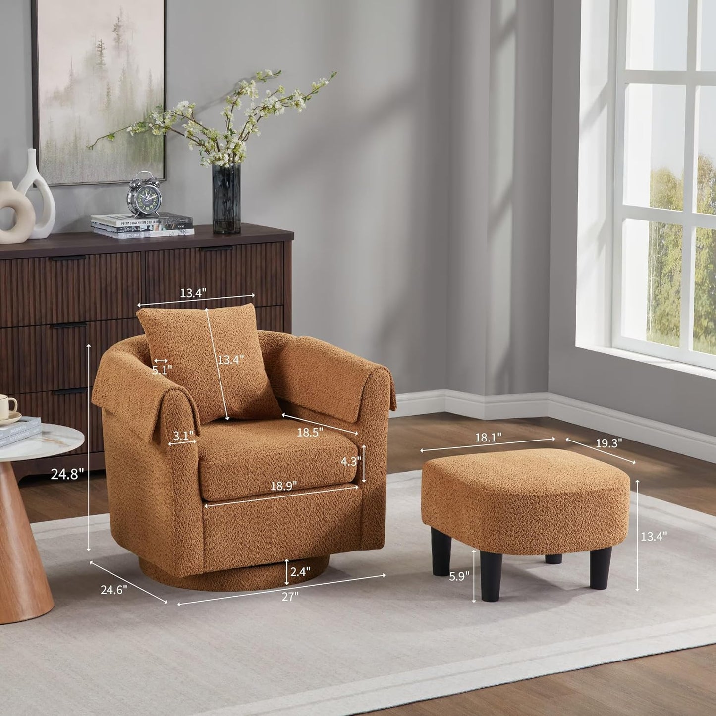 COMHOMA Swivel Accent Chair with Ottoman Set,Modern Chenille Barrel Armchair with Removable Back Pillow&2 Armrest Covers for Living Room,Bedroom,Office,Brown