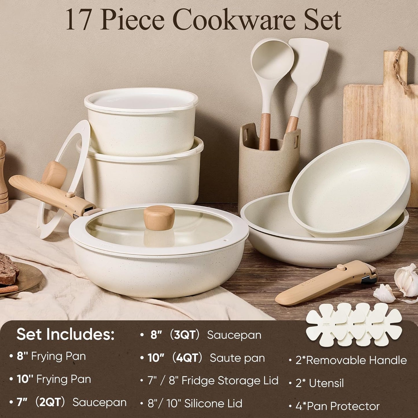 CAROTE 17pcs Pots and Pans Non Stick, Cookware Sets Detachable Handle, Induction Kitchen Pots and Pans,NonStick Cooking Set, Oven/Dishwasher/Fridge Safe, Space Saving