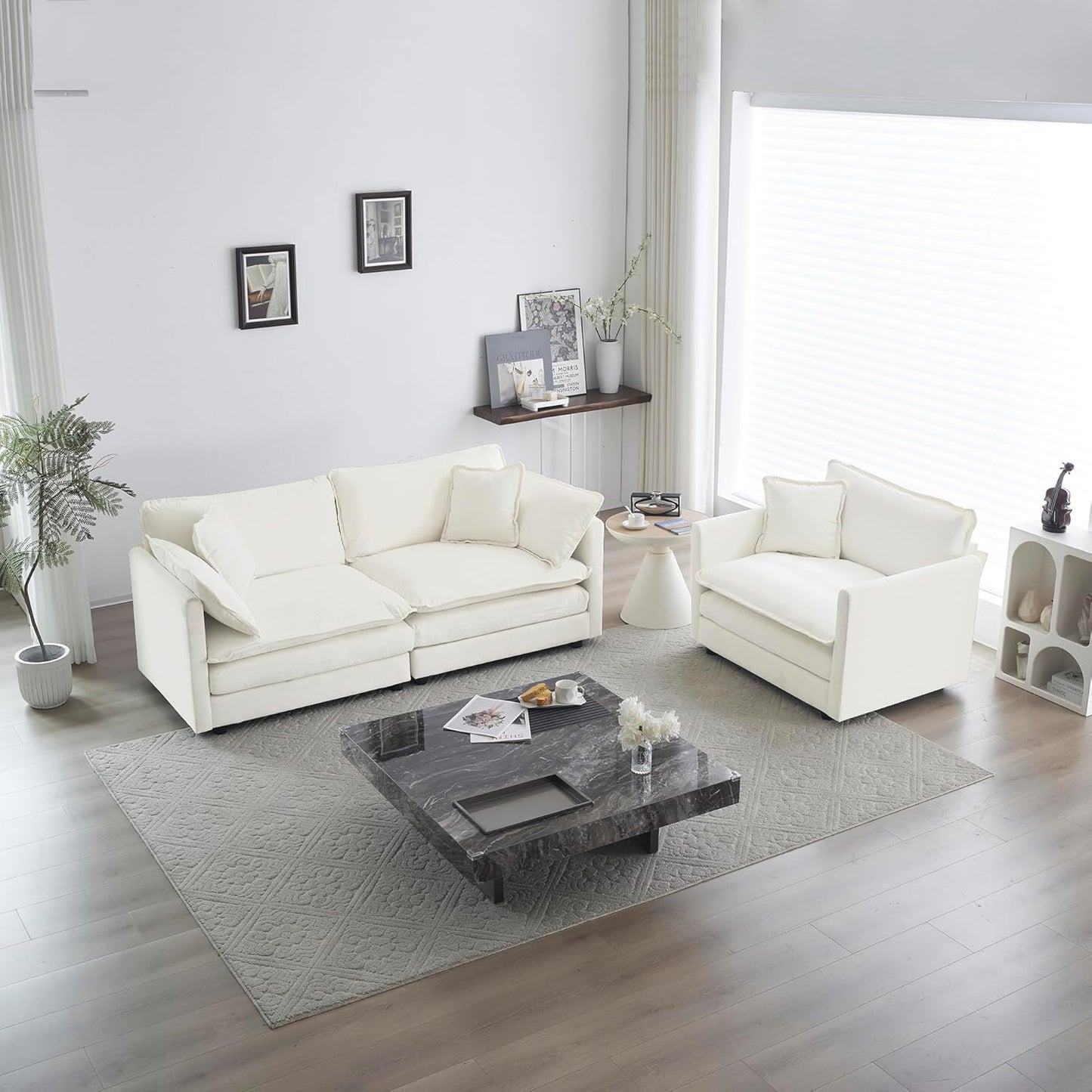 WILLIAMSPACE 41" Single Sofa Chair, Modern Upholstered Armchair with 1 Toss Pillow, Small Cream Couch Chair for Living Room, Deep Seat Reading Sofa for Bedroom Apartment, Chenille Fabric (Cream White)
