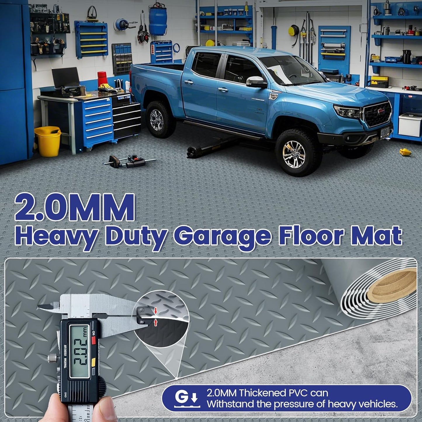 TRIPOWER Heavy Duty Garage Floor Mats - 7.5 x 20 FT, Diamond Plate, Anti-Slip and Waterproof PVC Garage Flooring Roll for Under Car, Trailer, Porch, Grey