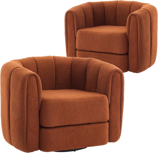 Swivel Accent Chairs Set of 2 for Living Room, Pumpkin Shaped Single Club Sofa Chair, Teddy Fabric 360 Degree Round Swivel Barrel Armchair for Home Bedroom Apartment Office (Brown)
