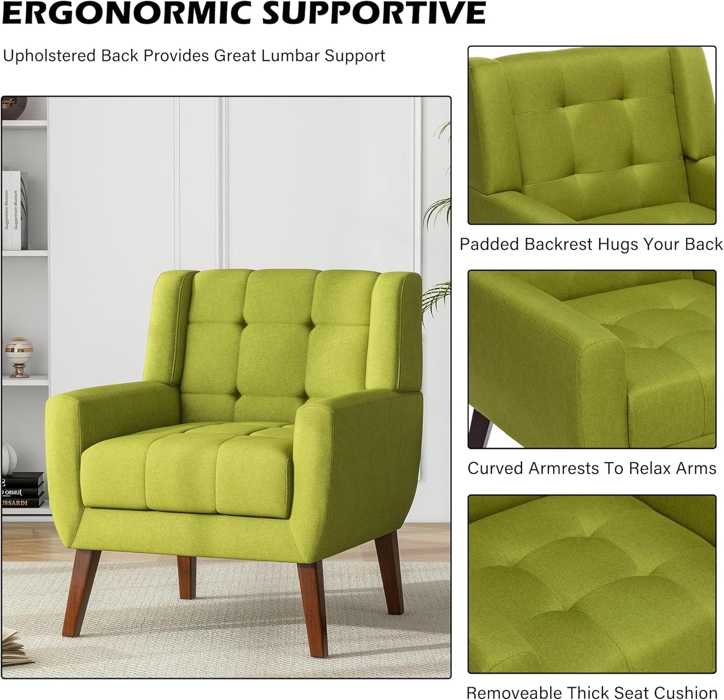 UIXE Accent Chairs Set of 2, Modern Upholstered Arm Chair in Fabric for Living Room, Comfy Armchair Single Sofa Seat with Solid Wooden Legs (Green)