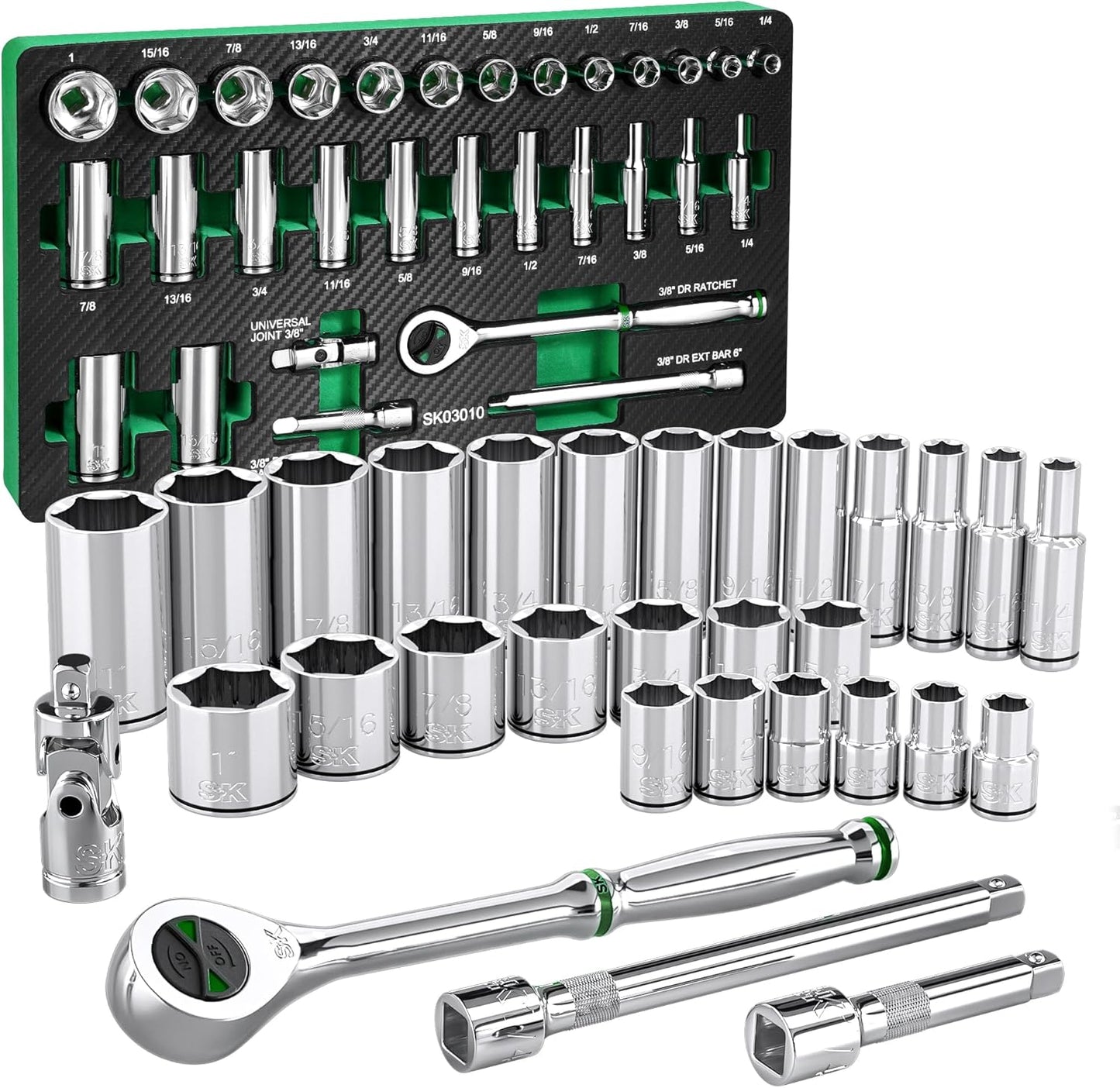 SK 3/8" Drive Socket Set with 160-P Ratchet, 56-Piece, SAE & Metric, SuperKrome Finish, Premium CR-V Construction, with EVA Foam Tool Organizer