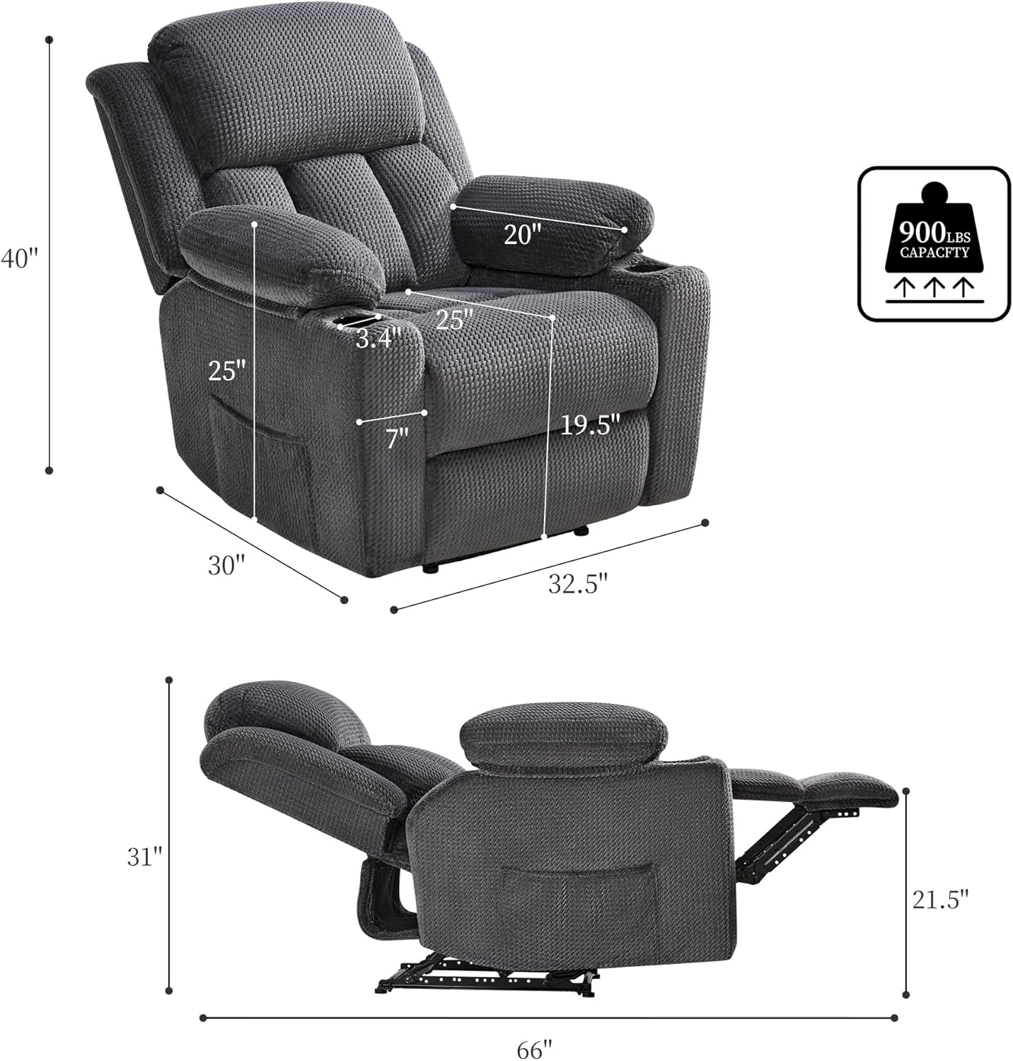 VanAcc Recliner Chair, Sofa Recliner with Cup Holders for Living Room- Wingback Recliner Couch, Grey Armchair